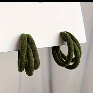 Olive Green C Shape Flocked Earrings Elegant Vintage Style Pierced Camouflage